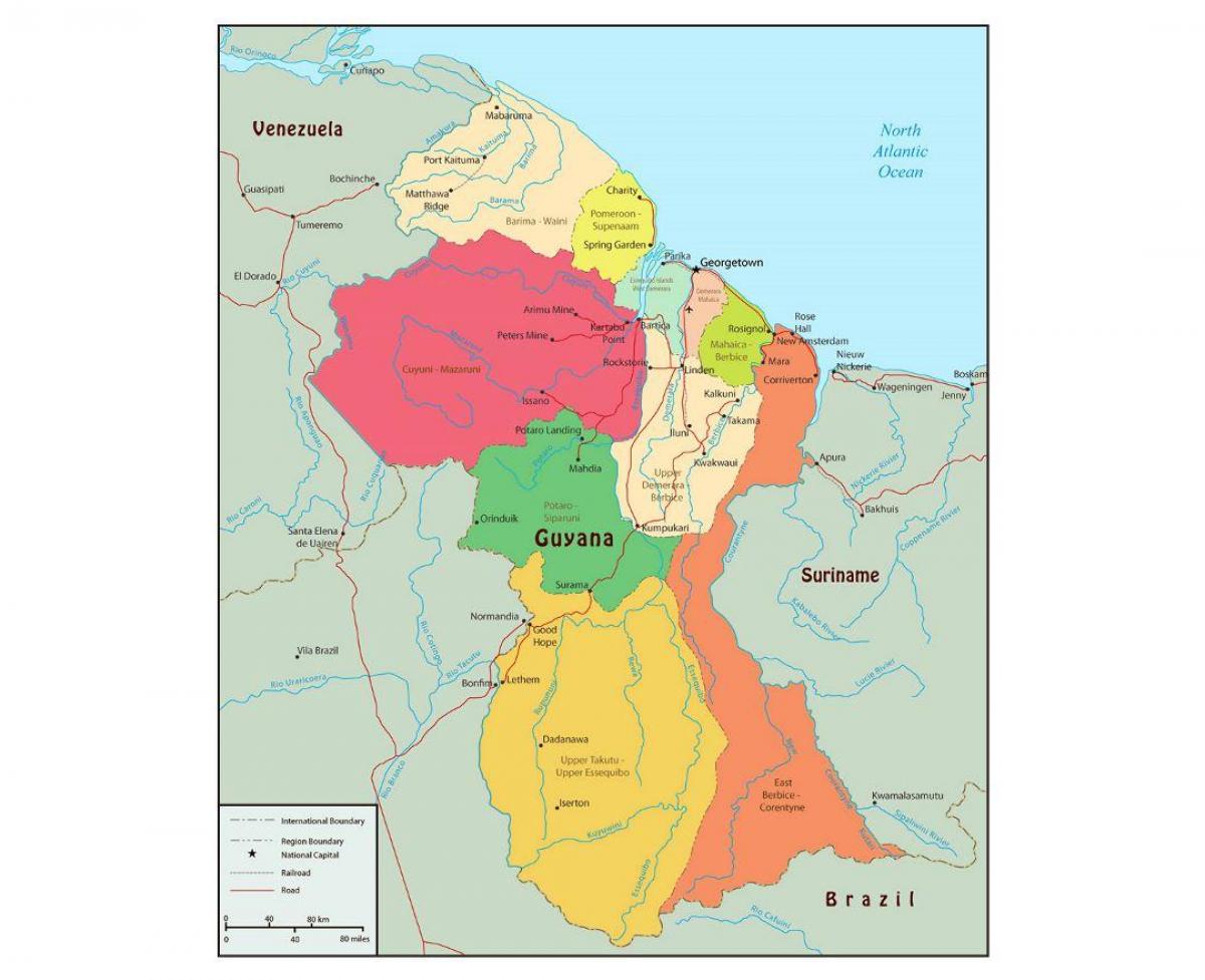 térkép Guyana mutatja 10 közigazgatási régiók