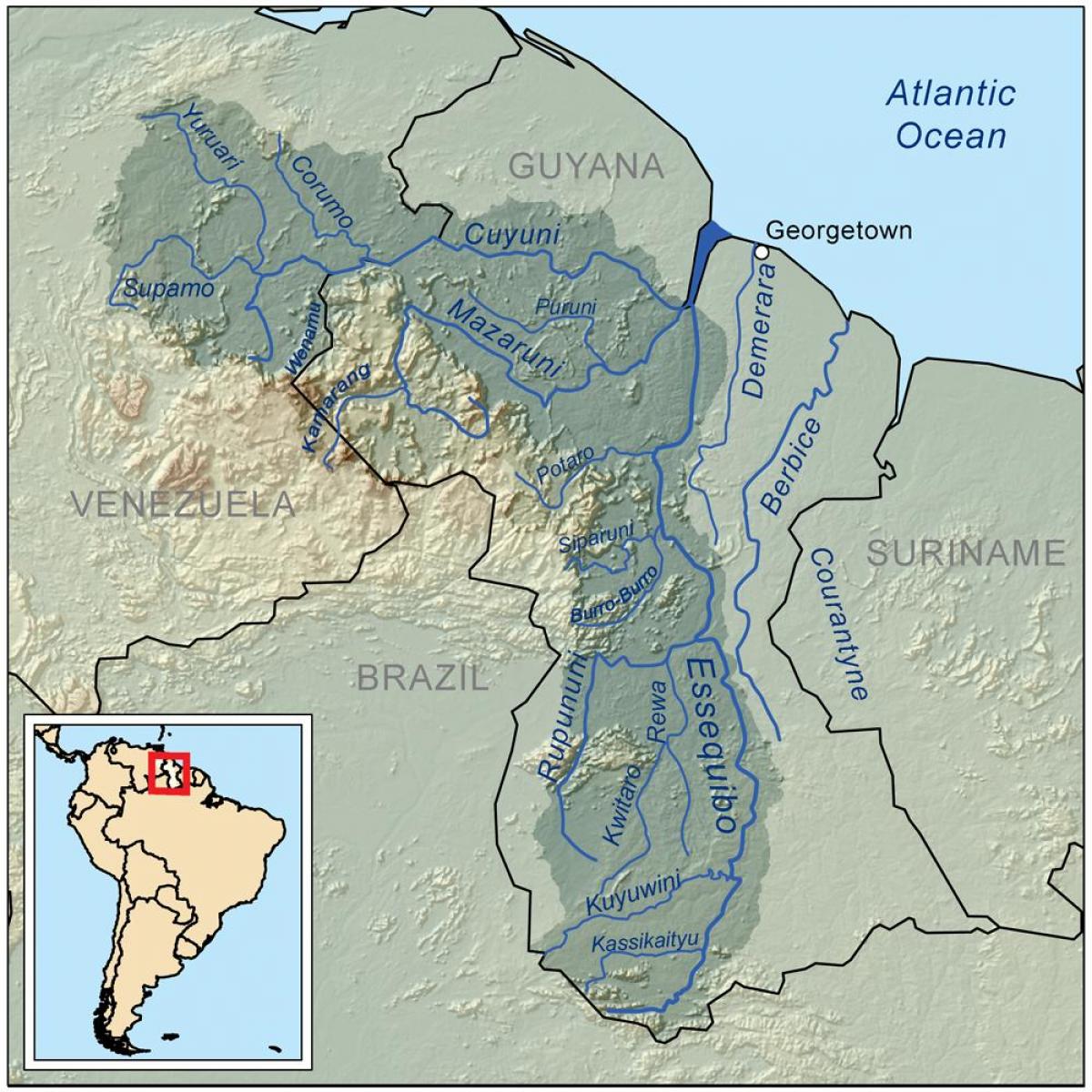 térkép Guyana mutatja, hogy a három fő folyók