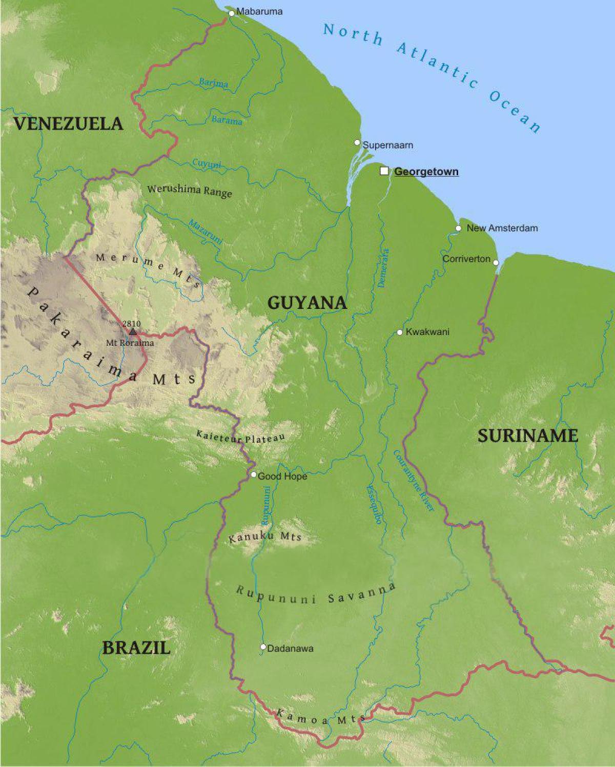 térkép Guyana mutatja, hogy az alacsony part menti síkságon