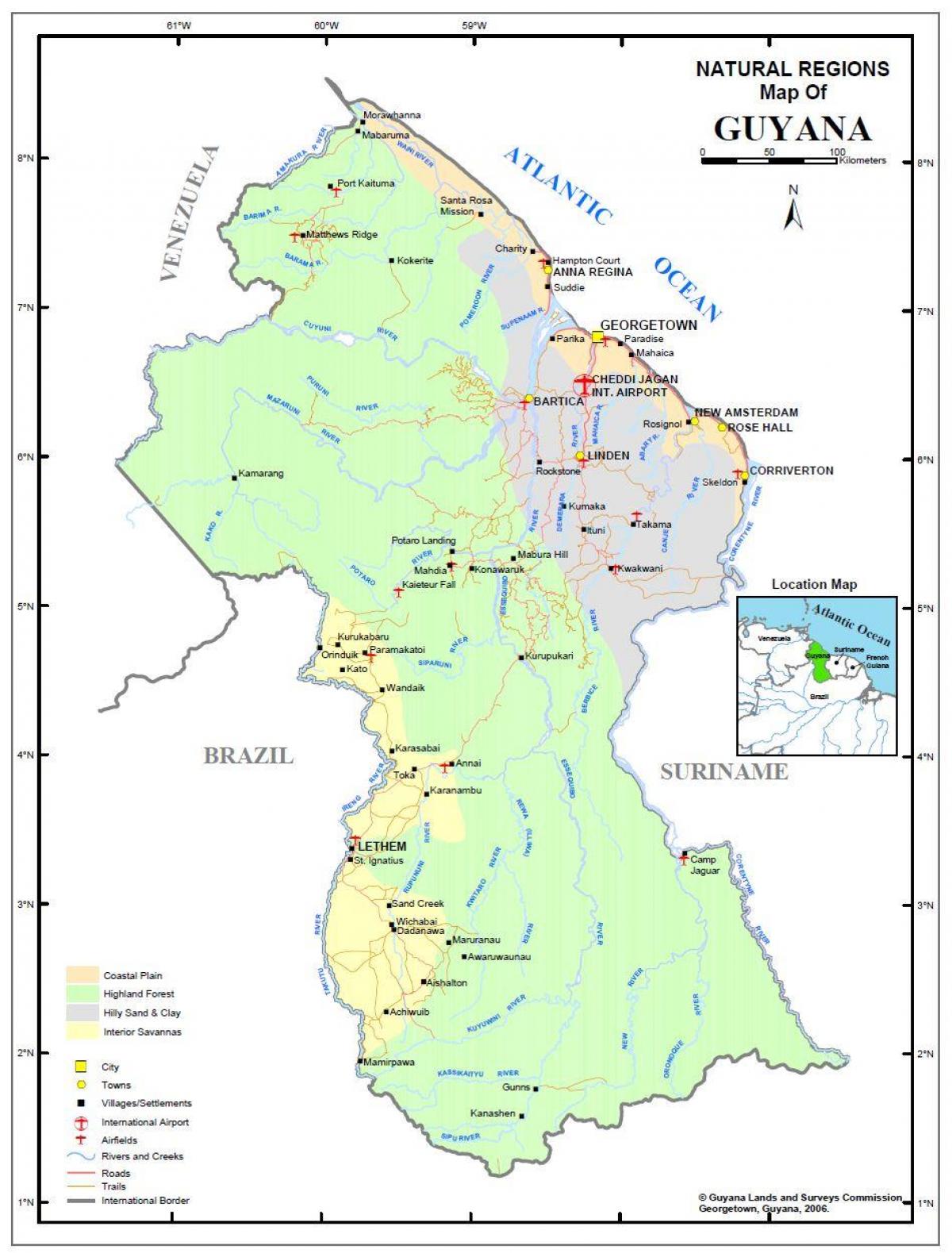 térkép Guyana mutatja, hogy a 4 természetes régiók