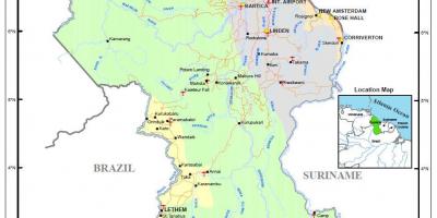 Térkép Guyana mutatja, hogy a 4 természetes régiók
