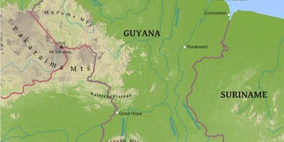 Térkép Guyana mutatja, hogy az alacsony part menti síkságon